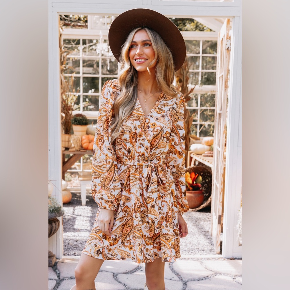 NWT Cupshe Belted Paisley Print Orange Dress